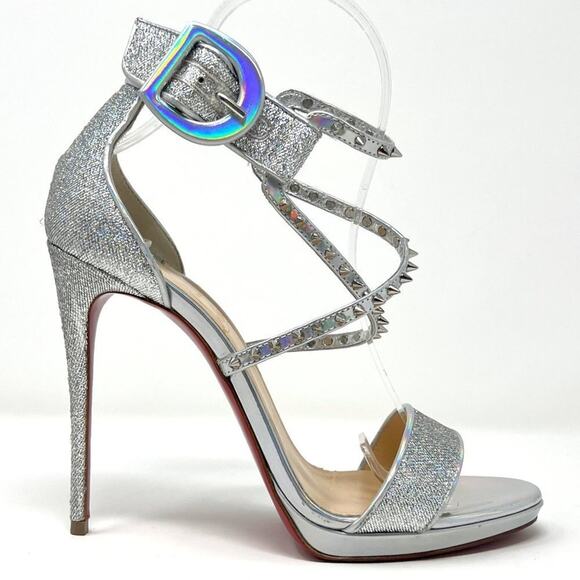 Christian Louboutin Choca Lux 120 Silver Glitter Spike Sandals 38 - Picture 3 of 8